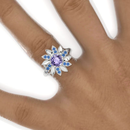 Purple Sapphire Sunflower Floral Cluster Ring