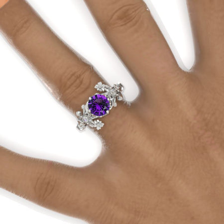 7mm Round Natural Amethyst Floral Victorian Style  Engagement Ring