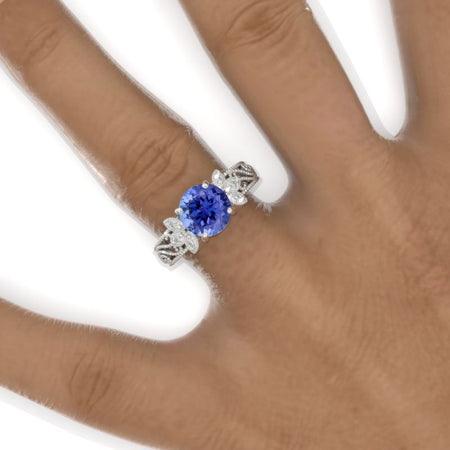 2 Carat Round Natural Genuine Tanzanite Floral Lace  Shank Engagement Ring