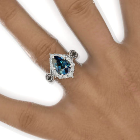 3 Carat Pear Teal Sapphire Black Twisted 14K White Gold Engagement Eternity Ring