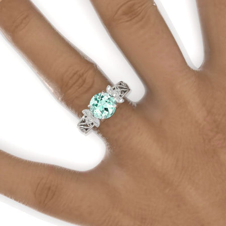 2 Carat Round Mint Sapphire Floral Lace  Shank Engagement Ring