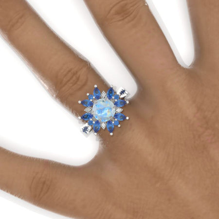 2 Carat Round Genuine Moonstone Snowflake Floral Halo Engagement Ring