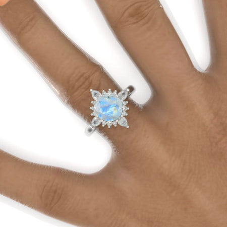 2 Carat Round Genuine moonstone Snowflake Start Halo Engagement Ring