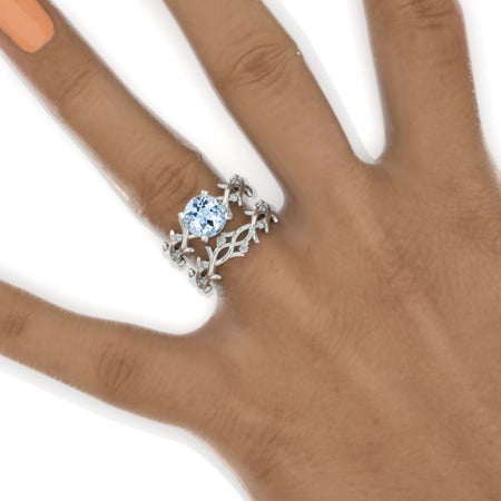 2 Carat Genuine Natural Aquamarine Twig Floral White Gold Engagement Ring Set