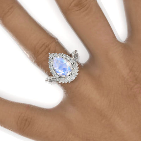 3 Carat Pear Genuine Natural Moonstone Halo Floral Engagement Ring 14K White Gold Ring