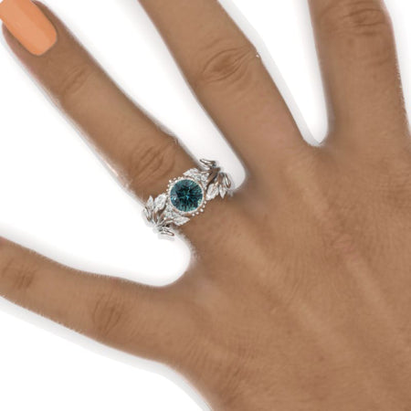 Round Teal Sapphire Floral Leaves Style Engagement Ring