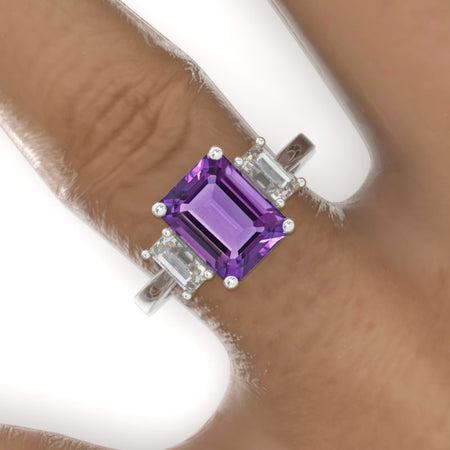 3 Carat Emerald Cut Natural Amethyst Three-Stone  Engagement Ring