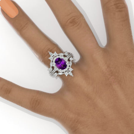 14K White Gold 2 Carat Natural Amethyst Oval Halo Engagement Ring