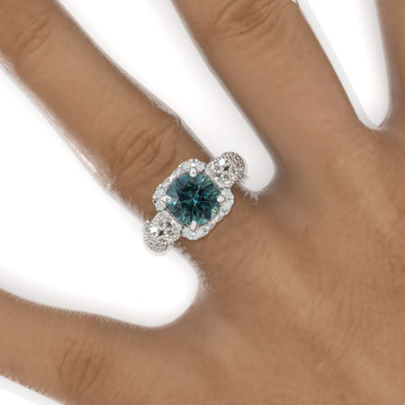 2 Carat Round Teal Sapphire Halo Lace  Shank Engagement Ring