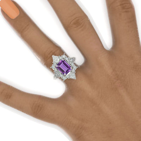 3 Carat Emerald Cut Vintage Style Victorian Halo Unique Natural Amethyst White Gold Engagement Ring