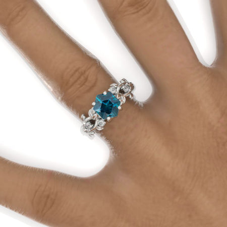 3 Carat Hexagon Teal Sapphire Floral 14K White Gold Engagement Ring