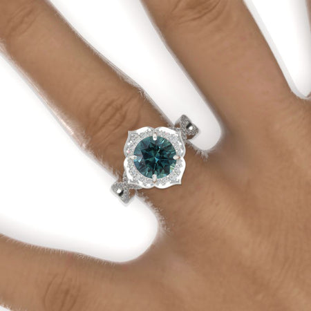 2 Carat Round Teal Sapphire Floral Halo Twisted Shank Engagement Ring