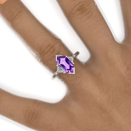 3 Carat Hexagon Natural Amethyst Halo 14K White Gold Engagement Ring