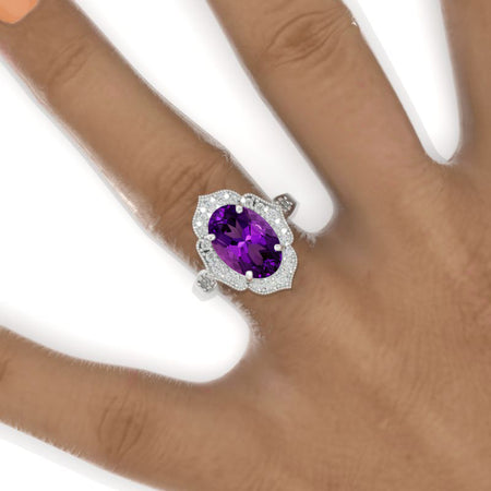 4 Carat Oval Natural Amethyst Halo Engagement Ring, Promise Ring For Her, Natural Amethyst Wedding Ring, 14K Gold Oval Natural Amethyst Engagement Ring