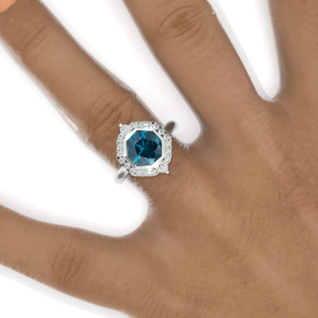 3 Carat Hexagon Teal Sapphire Halo 14K White Gold Engagement Ring