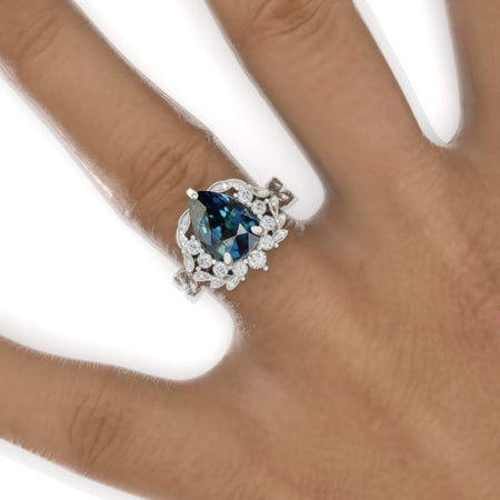 3 Carat Pear Teal Sapphire Halo Floral Twig Engagement Ring 14K White Gold Ring