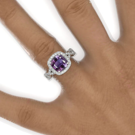 3 Carat Cushion Cut Vintage Style Halo Purple Sapphire White Gold Engagement Ring