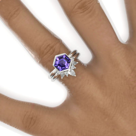 3 Carat Hexagon Bezel Set Purple Sapphire Cluster Halo 14K White Gold Engagement Ring Set