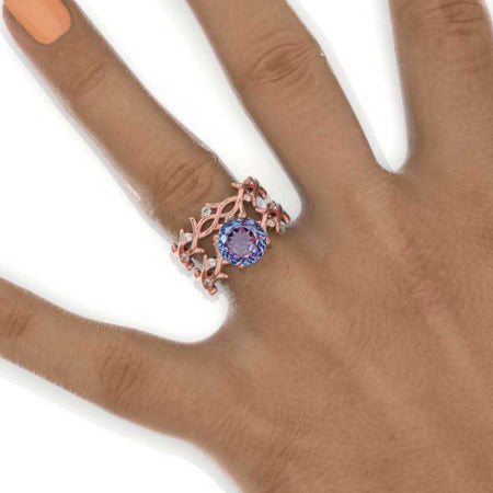 2 Carat Portuguese Cut Alexandrite Twig Floral Rose Gold Engagement Ring Set