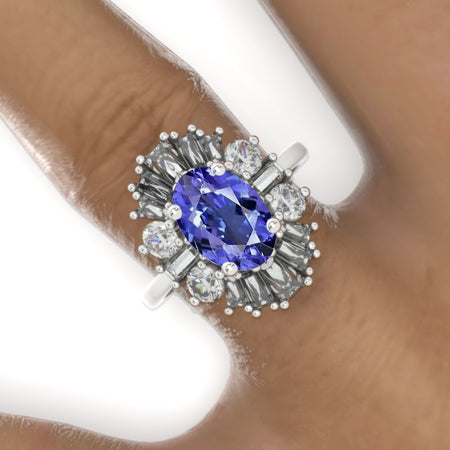 14K White Gold 3 Carat Oval Natural Genuine Tanzanite Halo Engagement Ring