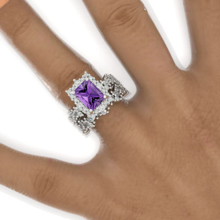 3 Carat Vintage Style 9x7mm Radiant Cut Natural Amethyst White Gold Floral Shank Engagement Ring Set