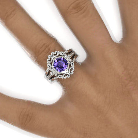 3 Carat Hexagon Bezel Set Purple Sapphire Cluster Halo 14K White Gold Engagement Ring Set