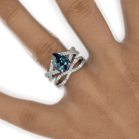 3 Carat Pear Teal Sapphire Halo Twisted Engagement Ring 14K White Gold Ring Set