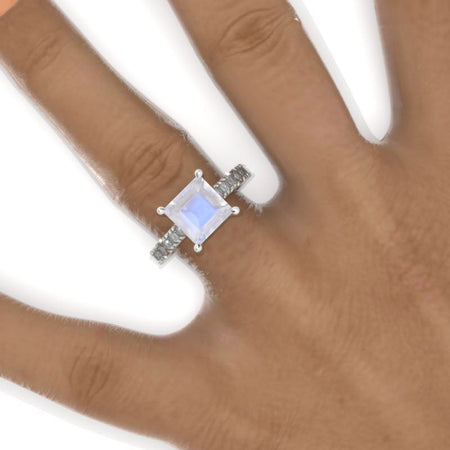 3 Carat Princess Cut Genuine moonstone Hidden Halo Gold Engagement Ring