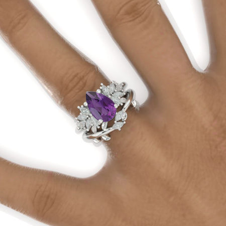 3CT Pear Shape Natural Amethyst Engagement Ring Set, 3 Carat Pear Floral Twig Design 14K White Gold