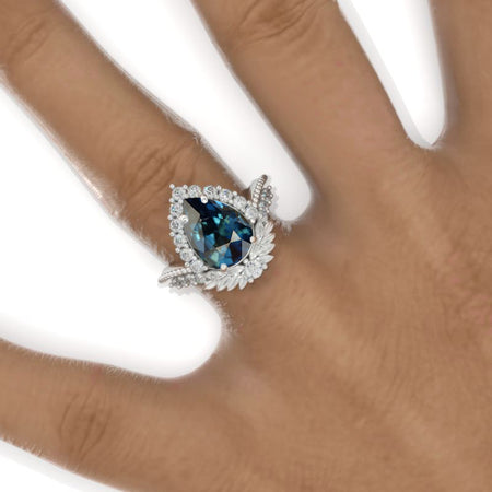 3 Carat Pear Teal Sapphire Halo Floral Engagement Ring 14K White Gold Ring