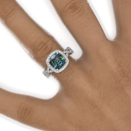 3 Carat Cushion Cut Vintage Style Halo Teal Sapphire White Gold Engagement Ring