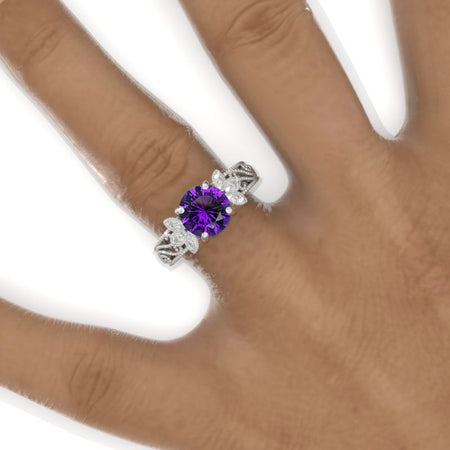 2 Carat Round Natural Amethyst Floral Lace  Shank Engagement Ring