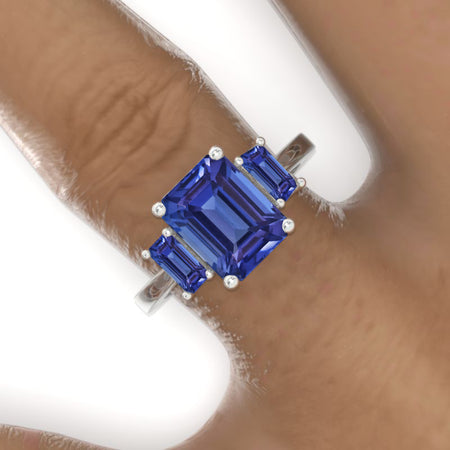 3 Carat Emerald Cut Natural Genuine Tanzanite Three-Stone  Engagement Ring