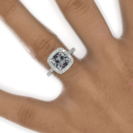 2.5 Carat Cushion Gray Moissanite Halo Engagement Ring. Victorian 14K White Gold Ring