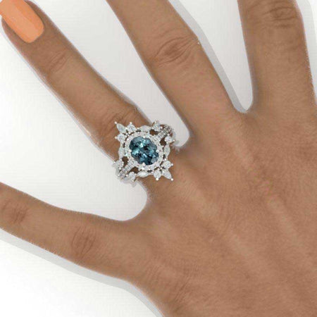 Teal Sapphire 14K White Gold 2 Carat Oval Halo Engagement Ring