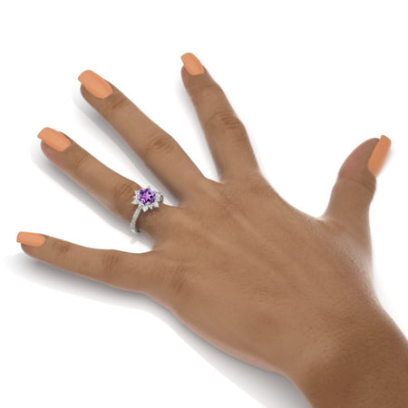 3 Carat Hexagon Natural Amethyst Snowflake Halo Engagement Ring. Victorian 14K White Gold Ring