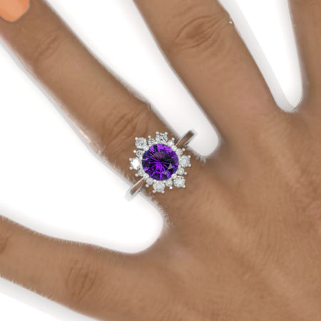 Snowflake Natural Amethyst Ring. 2.0ct Round Cut Natural Amethyst  Halo Ring. Solid 14K White Gold Ring. Art Deco Engagement Ring. Wedding Ring