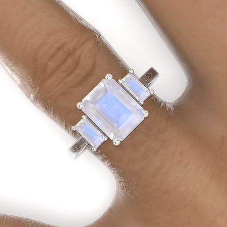 3 Carat Giliarto Emerald Cut Genuine Natural Moonstone Three-Stone  Engagement Ring