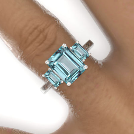 3 Carat Giliarto Emerald Cut Mint Sapphire Three-Stone  Engagement Ring