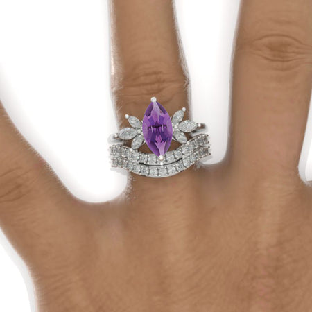 2Ct Marquise Cut Natural Amethyst Vintage Engagement Ring, Marquise  Engagement Ring, Marquise Side Accents Stones 14K White Gold Ring Set