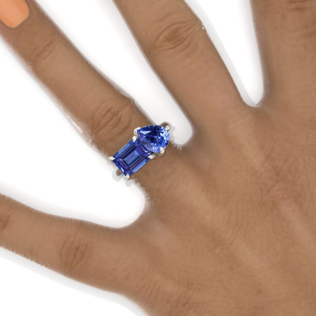 3 Carat Emerald Cut with Pear Cut Paired Natural Genuine Tanzanite Two-Stone East-West Engagement Ring