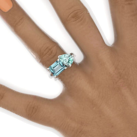 3 Carat Emerald Cut with Pear Cut Paired Mint Sapphire Two-Stone East-West Engagement Ring