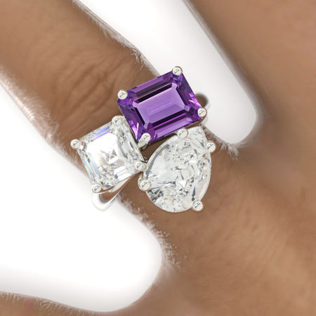 3 Carat Natural Amethyst Cut with Pear Cut Paired with 2 Carat Asscher Cut Natural Amethyst Three-Stone North-South Engagement Ring