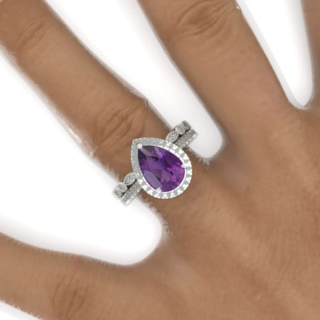 3 Carat Halo Pear Cut Natural Amethyst 14K Solid White Gold Ring Set