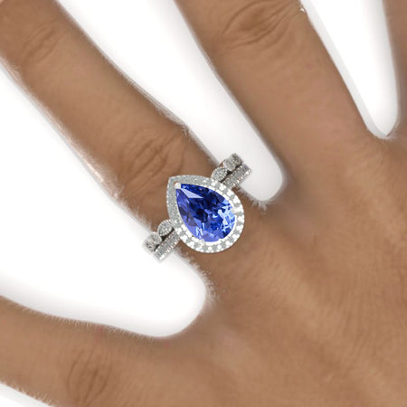 3 Carat Halo Pear Cut Natural Genuine Tanzanite 14K Solid White Gold Ring Set