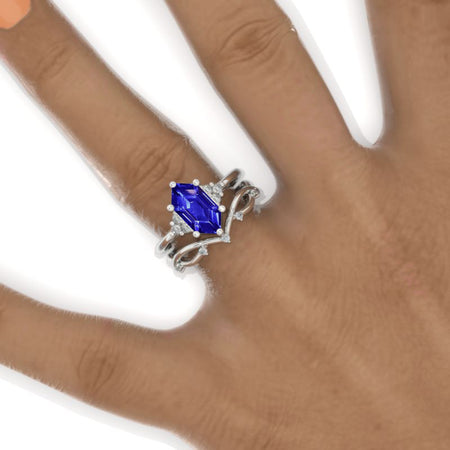 3 Carat Hexagon Natural Genuine Tanzanite Halo 14K White Gold  Engagement Ring, Eternity Ring Set