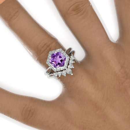 4 Carat Hexagon Natural Amethyst Halo 14K White Gold Engagement Ring, Eternity Ring Set