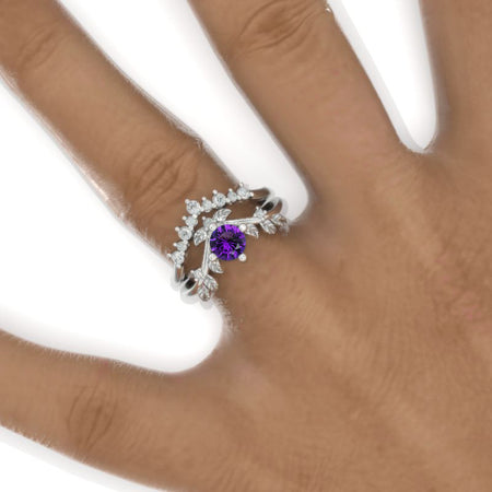 Natural Amethyst Floral Halo 14K White Gold Engagement Ring Set