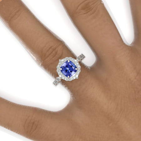 2.5 Carat Cushion Natural Genuine Tanzanite Halo Engagement Ring. Victorian 14K White Gold Ring