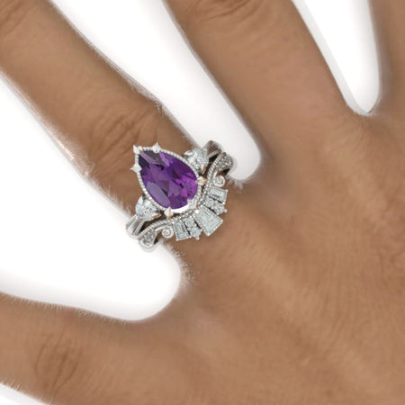 3CT Pear Shape Natural Amethyst Engagement Ring Set, White Gold, Halo Vintage Natural Amethyst Band, V Band Vintage Anniversary Ring Set